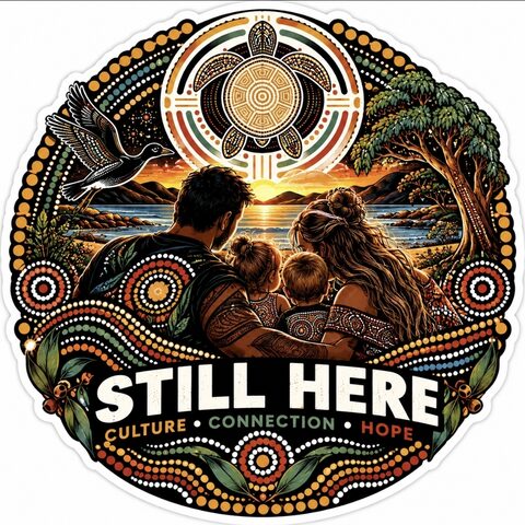 Round STILL HERE sticker of a family watching the sunset over the water, framed by Aboriginal dot art, a turtle, a bird and a gum tree, with the words Culture, Connection, Hope
