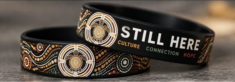 Black STILL HERE silicone wristbands with Aboriginal dot art, a turtle emblem and the words Culture, Connection, Hope